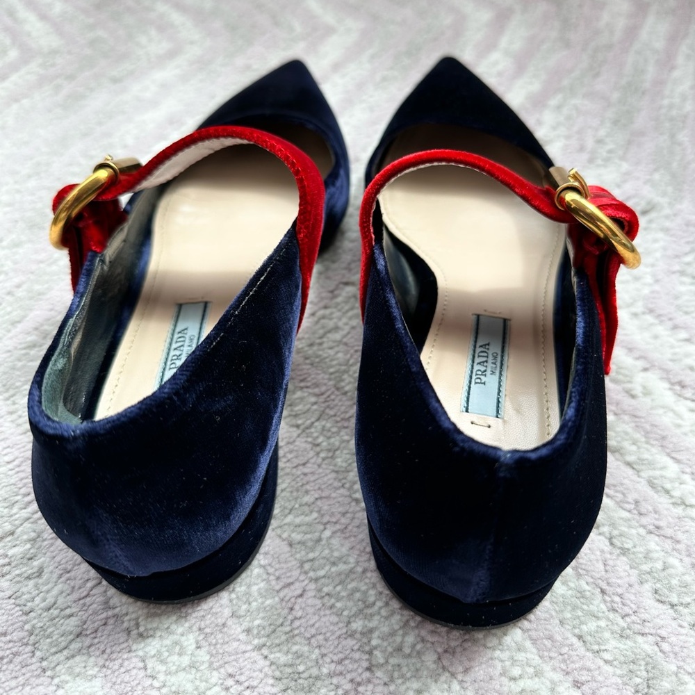 Prada dark velvet Mary Jane red strap and gold buckle size 37. Very good con - Picture 3 of 6